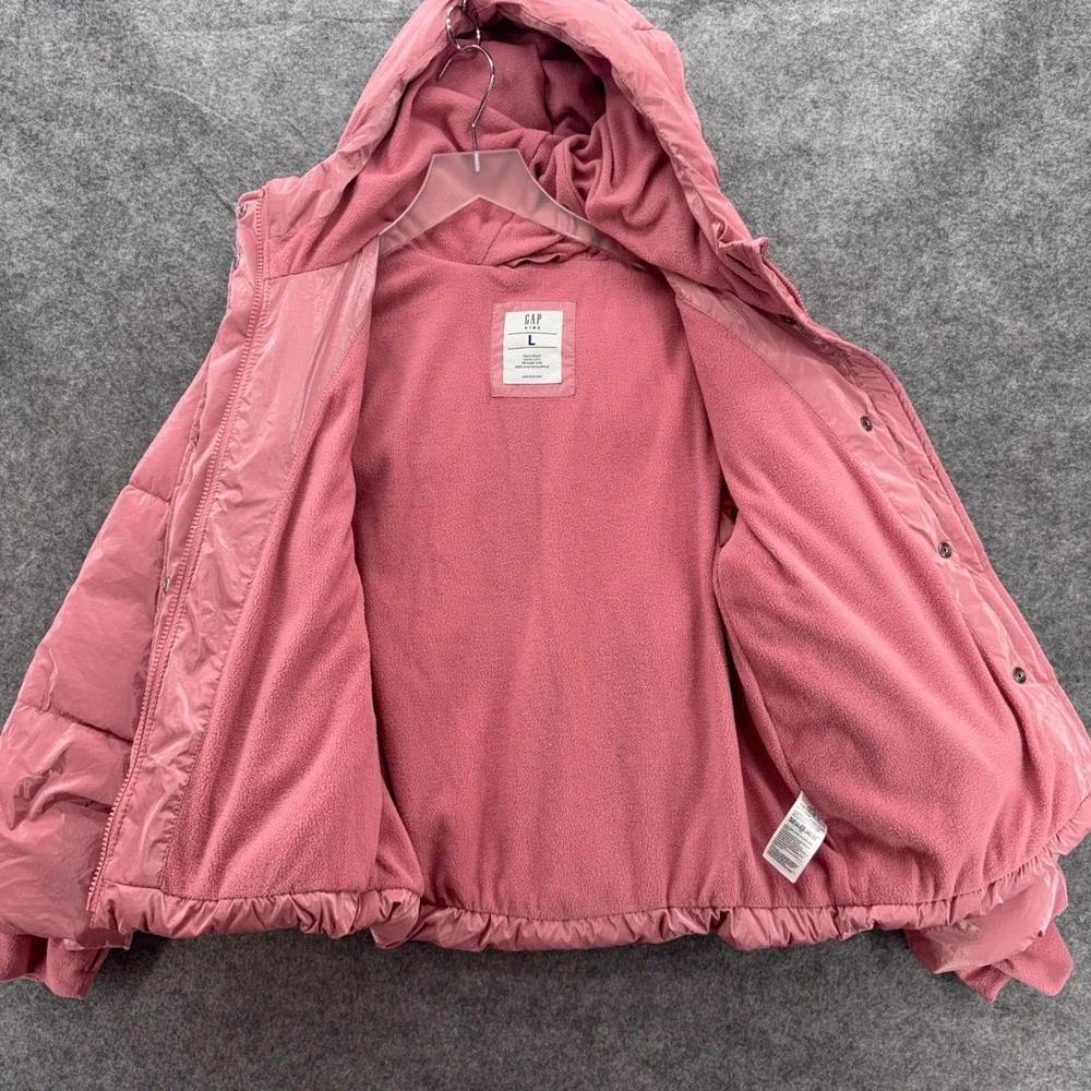GAP Kids Girls Puffer Jacket Size L Pink Shiny Hooded Winter Coat Apres Ski Cozy